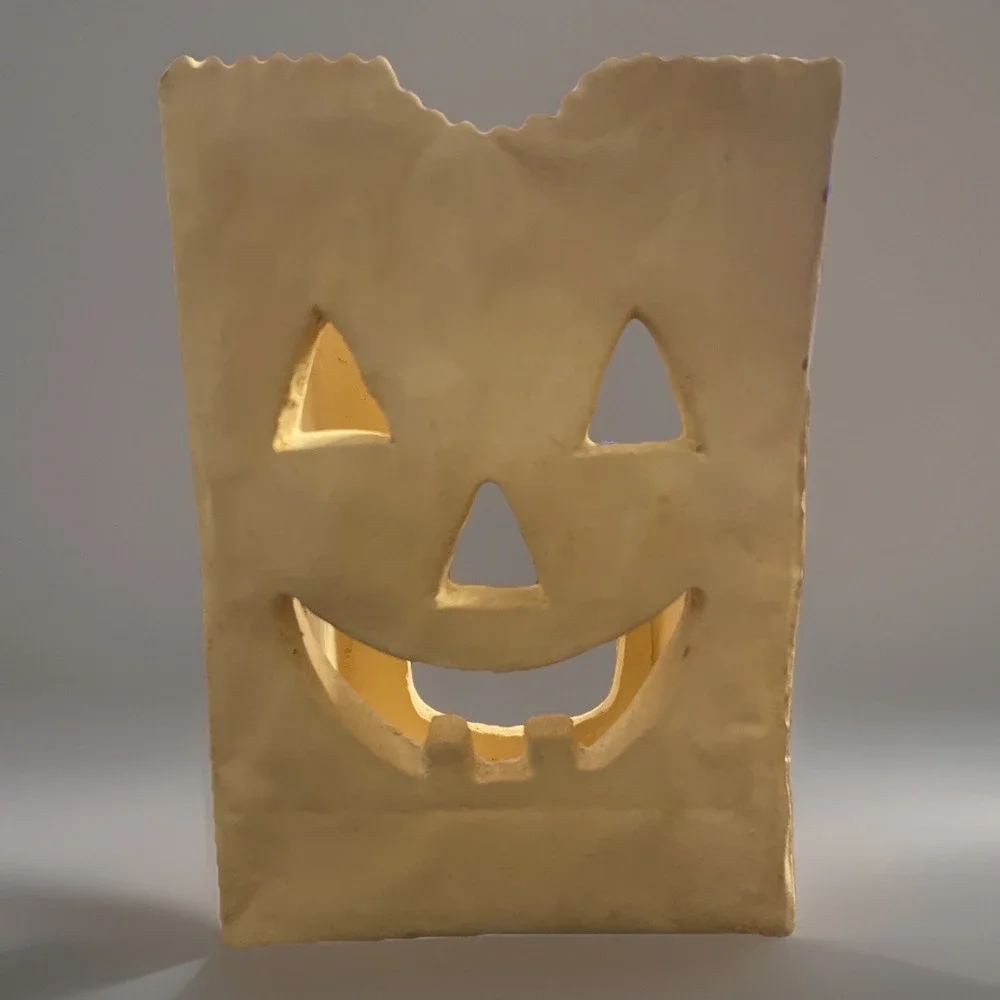 Vtg 80s Signed Ceramic JackOLantern Halloween Paper Bag Candle Holder‎